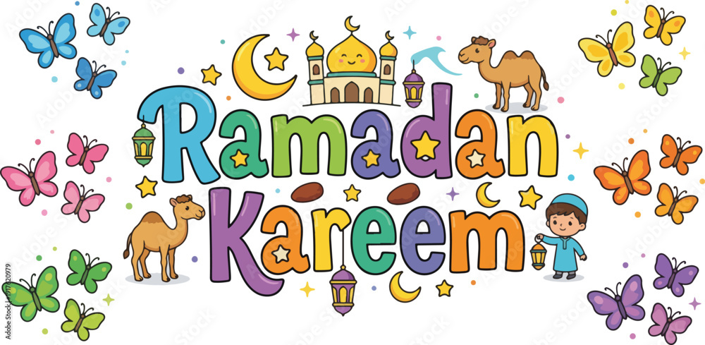 Fototapeta premium Cheerful Ramadan Kareem Cartoon Illustration with Colorful Typography, Cute Camels, Lanterns, and Six Sets of Decorative Butterflies on White Background, 2026 Kids Islamic Festival Concept