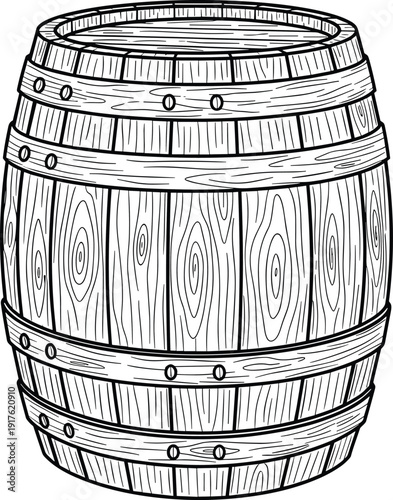 Detailed black-and-white wooden barrel illustration with visible wood grain and metal hoops, traditional storage symbol for wine, beer, spirits, craftsmanship, history, and rustic design themes.