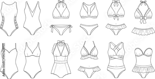 Large collection of women swimwear fashion icons featuring one piece swimsuits bikinis halter tops and ruffled beachwear vector flat templates.