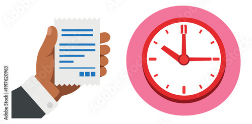 Flat design icons set featuring a hand holding a receipt and a clock for business and finance management