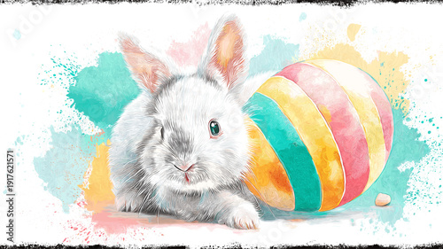 White rabbit holding colorful Easter egg, watercolor splash background. White rabbit holding a brightly striped Easter egg against a vibrant watercolor splash background