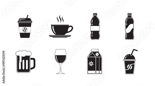 Collection of Drink Icons: Coffee, Beer, Wine, Soda, Milk, Juice