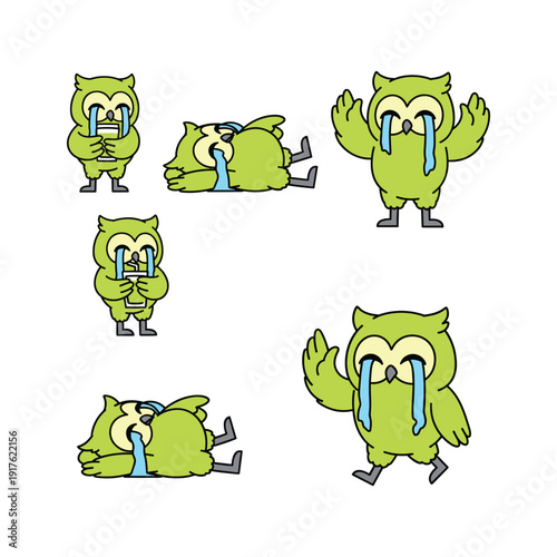 Crying cartoon owl character set showing various emotions with tears and copy space