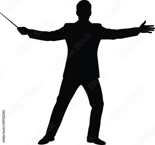 Professional music conductor silhouette leading orchestra with baton, classical symphony performance, artistic director, musician on stage, concert event, flat vector illustration.