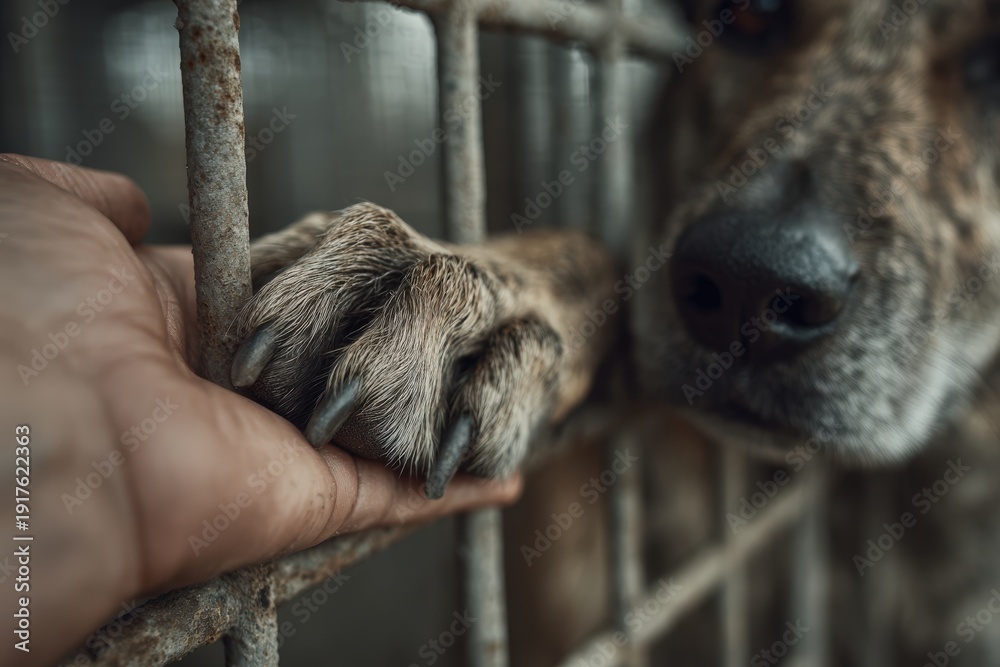 Obraz premium Close-up of a dog's paw reaching through a metal cage while a human hand gently touches it, conveying a moment of connection in an animal shelter environment