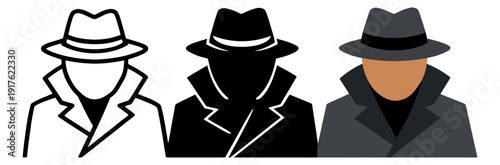 Detective agent character icon set featuring line art, silhouette, and flat design for security and mystery concepts