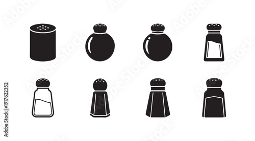 Collection of Various Salt and Pepper Shaker Icons, Black and White Flat Design