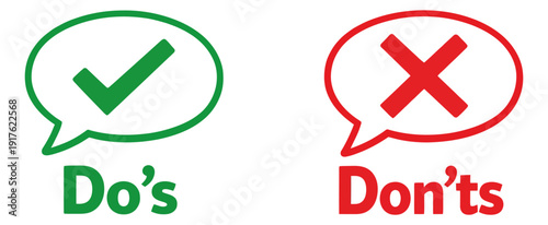 Modern graphic icons set featuring a green check mark and red 'x' symbol in speech bubbles with 'do's' and 'don'ts' text for guiding decisions