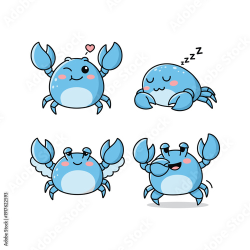 Cute cartoon crabs with different emotions on white background