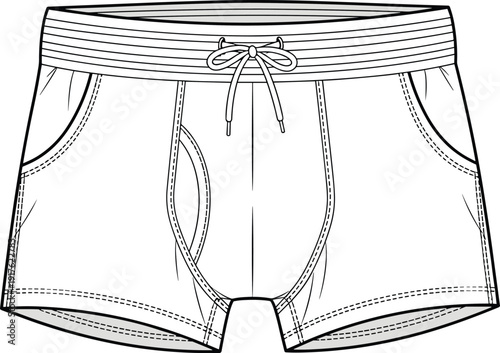 "Technical line drawing of men’s boxer briefs with waistband stripes, drawstring, side pockets, contoured pouch and detailed stitching, fashion design garment illustration"