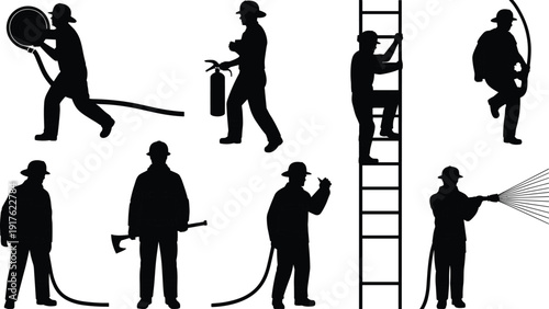 Set of firefighter black silhouettes in various action poses including climbing ladder using hose and holding axe flat vector illustration