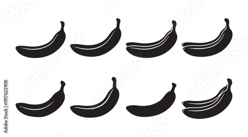 Eight Banana Silhouettes Arranged in Two Rows on White Background
