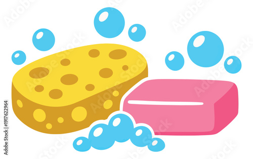 Cartoon bathroom items set featuring a sponge, a bar of soap, and bubbles for bathing and hygiene concepts