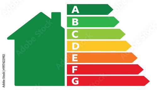 Modern flat illustration of a house and energy efficiency rating depicting environmental performance levels for real estate and sustainability projects