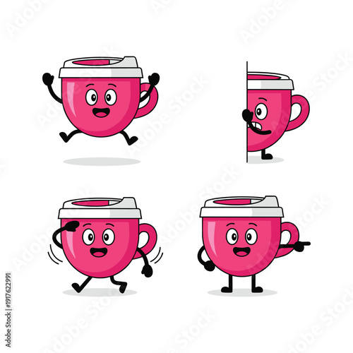 Cartoon coffee cups running and jumping with different facial expressions