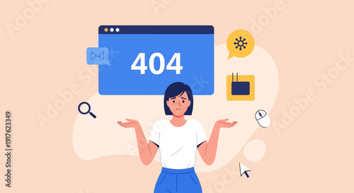 Woman confused by 404 error message on large digital screen surrounded by search icons and calendar symbols in a digital workspace