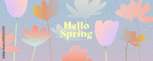 Beautiful Hello Spring card, banner, background with spring flowers daisies, tulips, wildflowers with soft, blurred outlines and gradients in pastel shades. The style is dreamy, soft, and artistic.