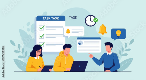 Team collaboration on tasks with checklist and communication icons in a modern office setting