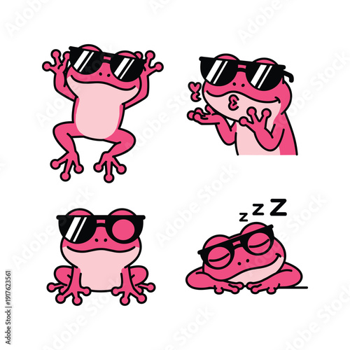 Cool pink frogs wearing sunglasses in various poses on white background