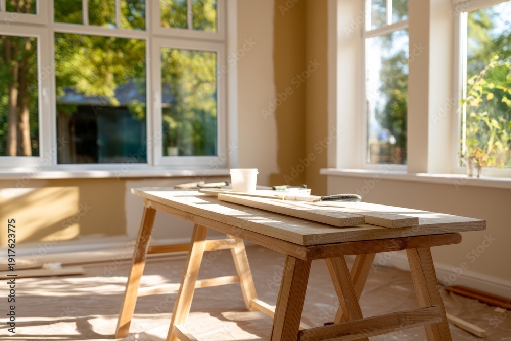 Obraz premium Bright and Open Home Office Remodeling Phase with Natural Light and Wooden Table