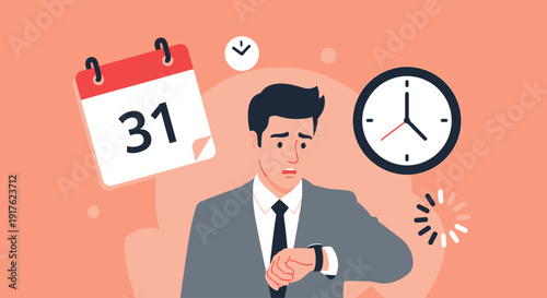 A businessman checks his watch near a calendar showing the 31st and a clock indicating the time