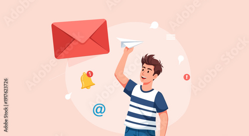 Man sending email with notification icons surrounding him in a digital environment from a front viewpoint