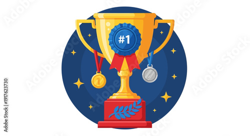 A Golden Trophy with Medals and Stars on a Blue Background Illustration