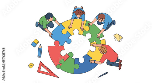 Children assembling a colorful puzzle together, symbolizing teamwork and creativity in a playful environment