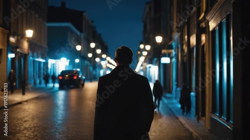 A person walking alone on a city street at night, with dimly lit buildings and few people around