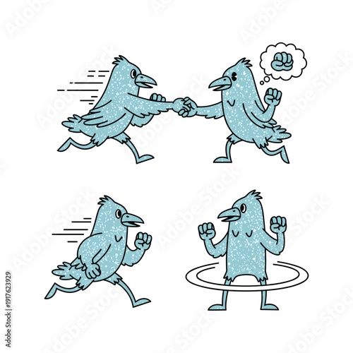 Cartoon birds fighting and hugging in various comedic poses with copy space