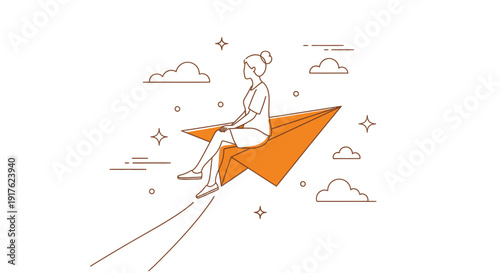 Person flying on a paper airplane surrounded by clouds and stars in a whimsical illustration