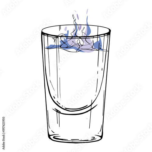Flaming Sambuca vector shot with stylized blue flame and glossy glass hand drawn in ink. Transparent drinks, vodka, grappa. Isolated illustration hand drawn for energetic bar branding, poster design.