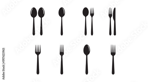 Flatware Icons Set: Spoons, Forks, Knives Silhouettes for Culinary Design