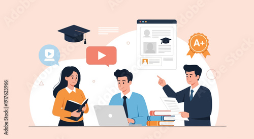 Three professionals collaborating on a laptop with educational icons surrounding them in a modern workspace viewed from the front