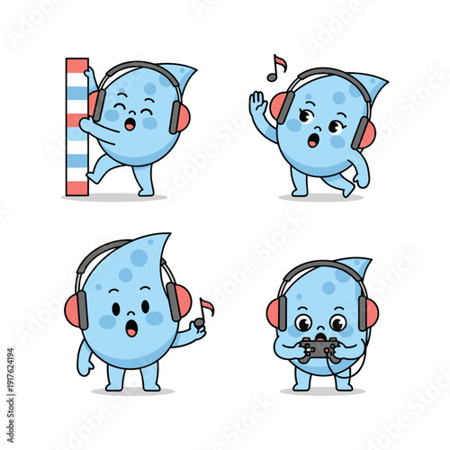 Cartoon water drops enjoying music with headphones in various actions