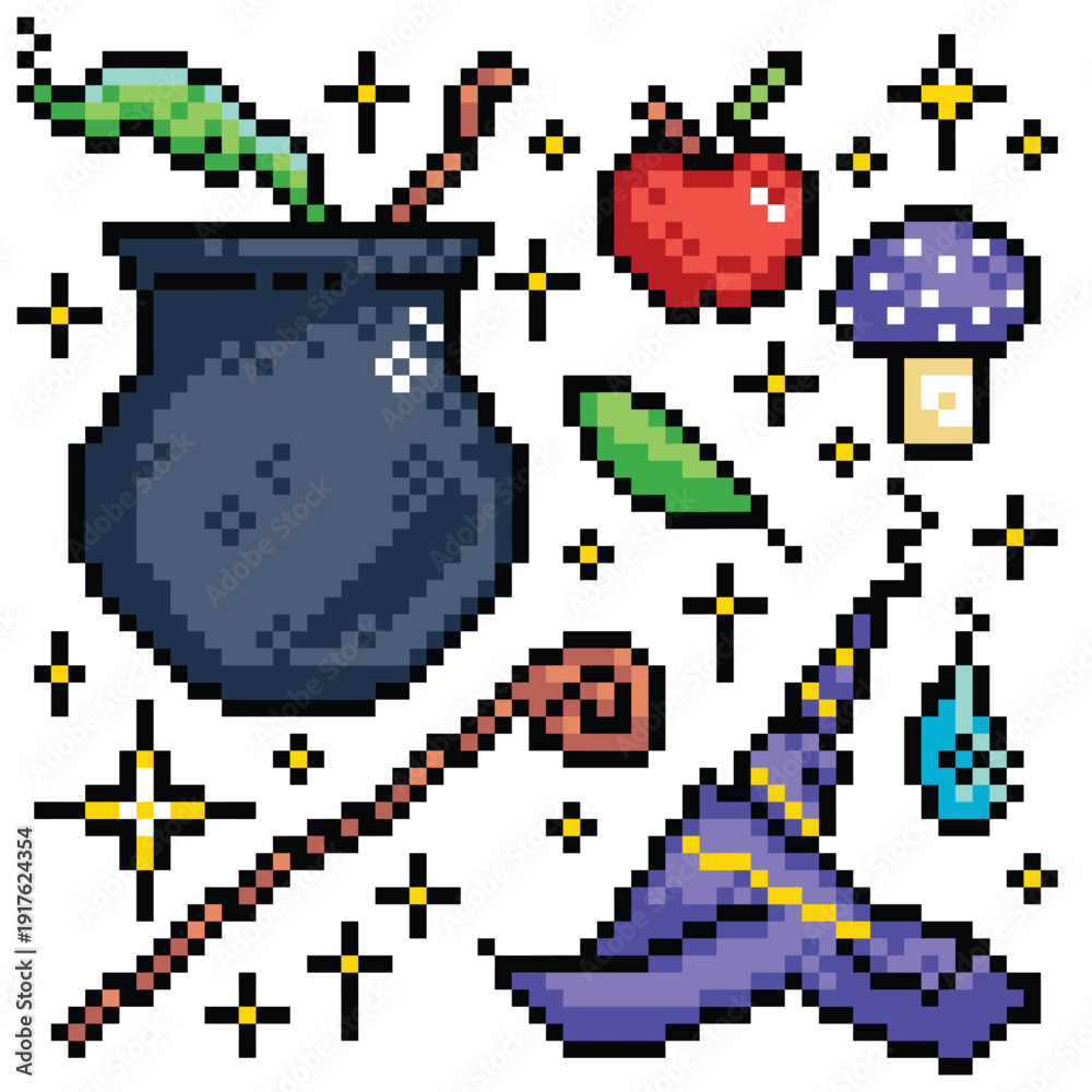 Fototapeta premium Magic or witchcrafts icon pixel art illustration set group bundle isolated on square white background.