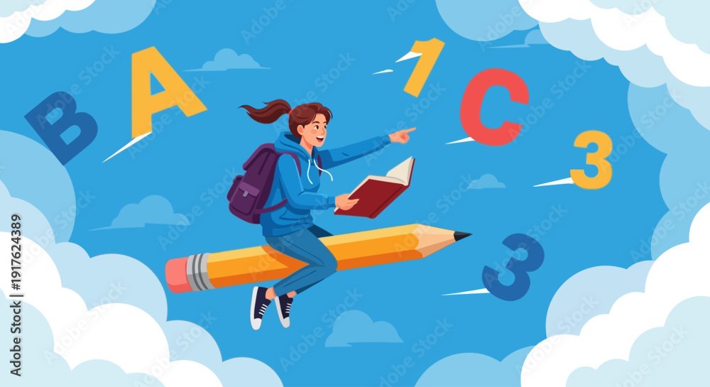 Fototapeta premium Young woman flying on a giant pencil surrounded by letters and numbers in a whimsical sky