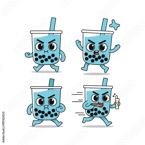 Boba tea characters showing different emotions and actions in a fun cartoon style