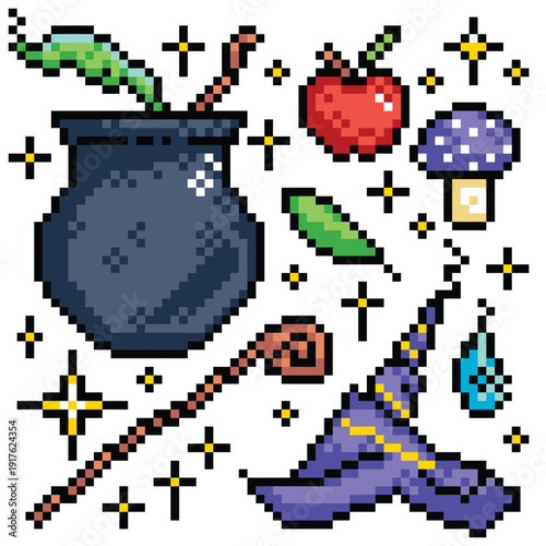 Magic or witchcrafts icon pixel art illustration set group bundle isolated on square white background.