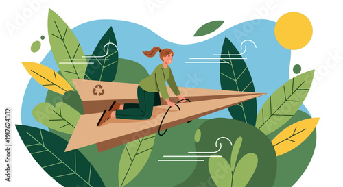 Woman flying on a cardboard airplane surrounded by lush greenery and vibrant leaves on a sunny day