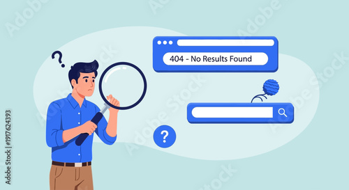 Man Investigating a 404 Error Message on a Search Engine with a Magnifying Glass