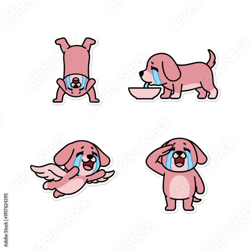 Crying cartoon dog in various emotional states with copy space