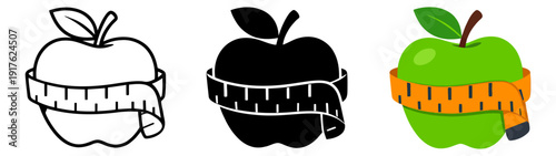 Health and diet icon set featuring apples with a measuring tape in different styles for weight loss and healthy eating