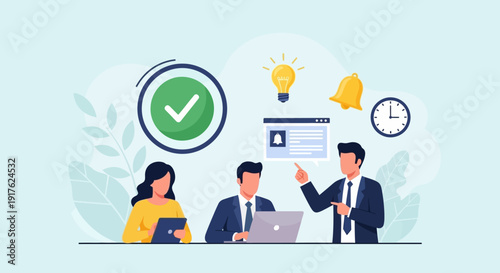 Professionals collaborating around a laptop with icons representing productivity and teamwork floating above