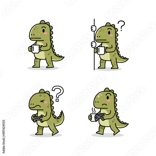 Cartoon dinosaur using coffee machine with confusion and success