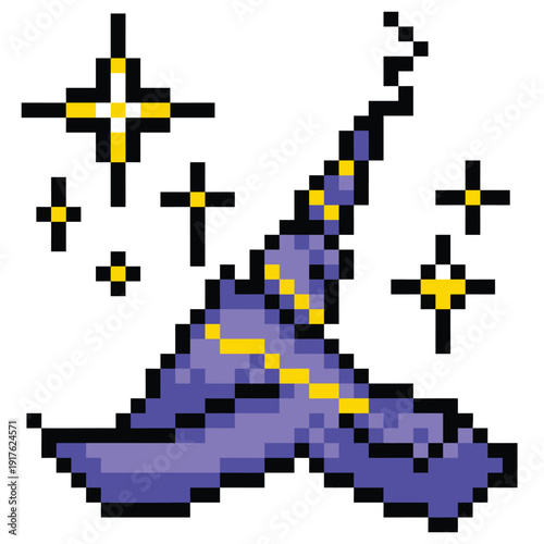 Purple and yellow witch or mage hat pixel art illustration isolated on square white background.
