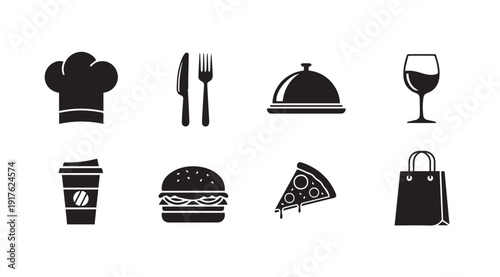 Food Icons Set: Chef Hat, Burger, Pizza, Coffee, Wine, Cutlery, Serving Dome, Shopping Bag