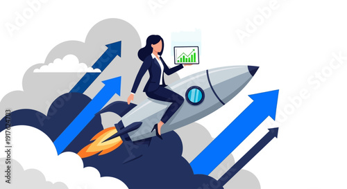 Woman riding a rocket upwards with chart in hand amidst clouds and arrows indicating growth and progress
