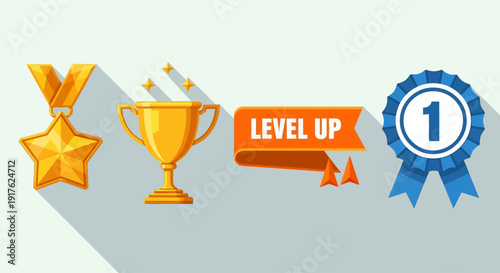 Trophy, Medal, Ribbon, and Level Up Banner in a Modern Flat Design Illustration