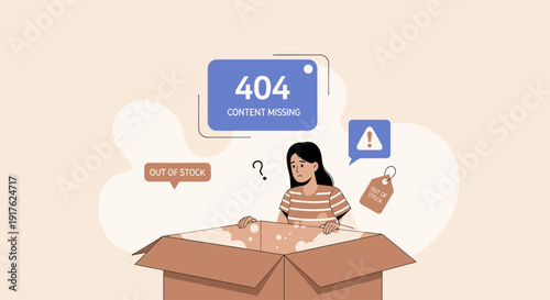Woman searching inside a cardboard box with a puzzled expression receiving a 404 error message notification